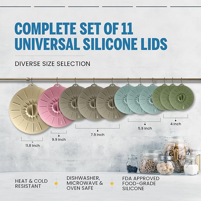 Microwave Cover Silicone Lids - Set of 11 Pieces - Suction Covers for Pots, Pans, Bowls, Cups, Skillets - Splatter Protection - Easy Food Storage - BPA Free