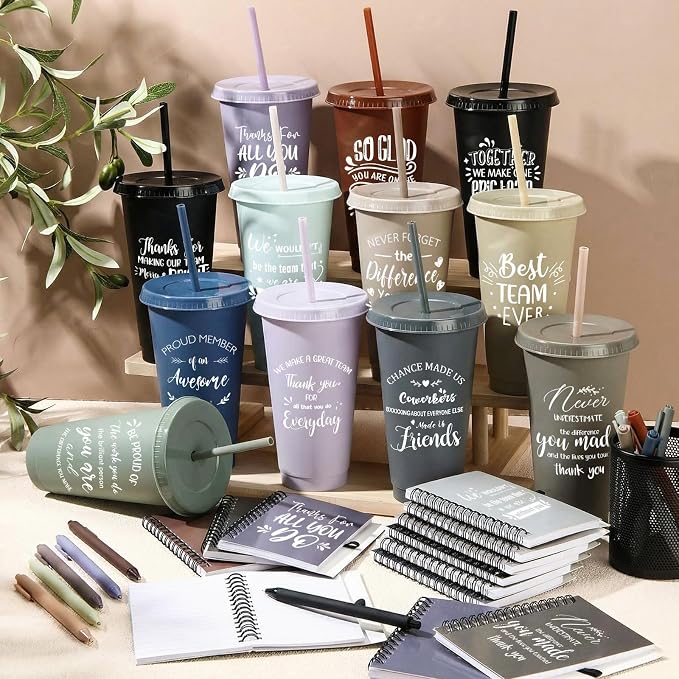 Shellwei 36 Pcs Employee Appreciation Gifts Bulk 24 oz Thank You Tumbler with Lid and Straw Mini Spiral Notebooks and Pens Appreciation Gifts for Team Employee Coworkers Teacher (Bright)