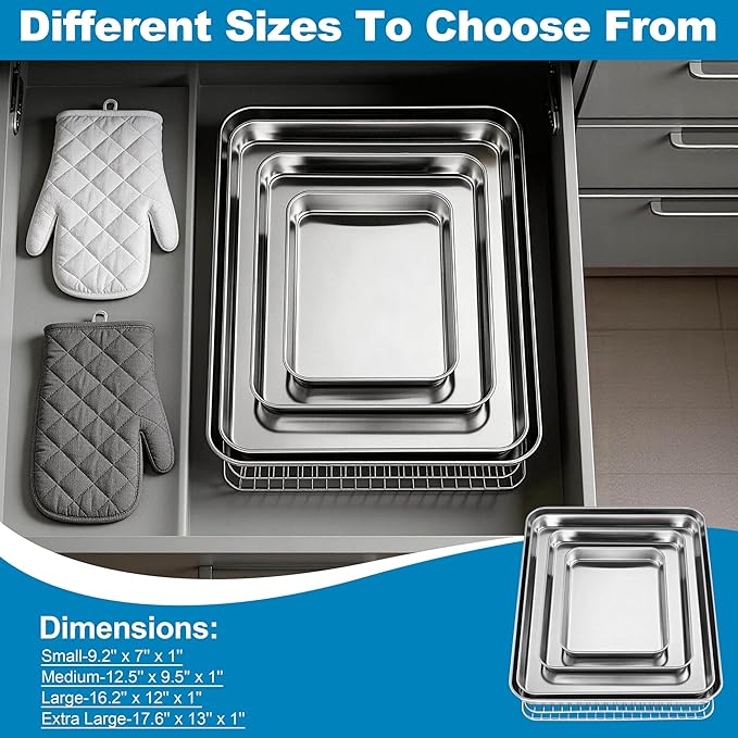 Herogo Stainless Steel Half Sheet Baking Pan with Rack Set(2 Pans + 2 Racks), 18" x 13" x 1" Large Baking Tray with Cooling Rack Set for Oven Roasting, Rust & Warp Resistant & Nonstick