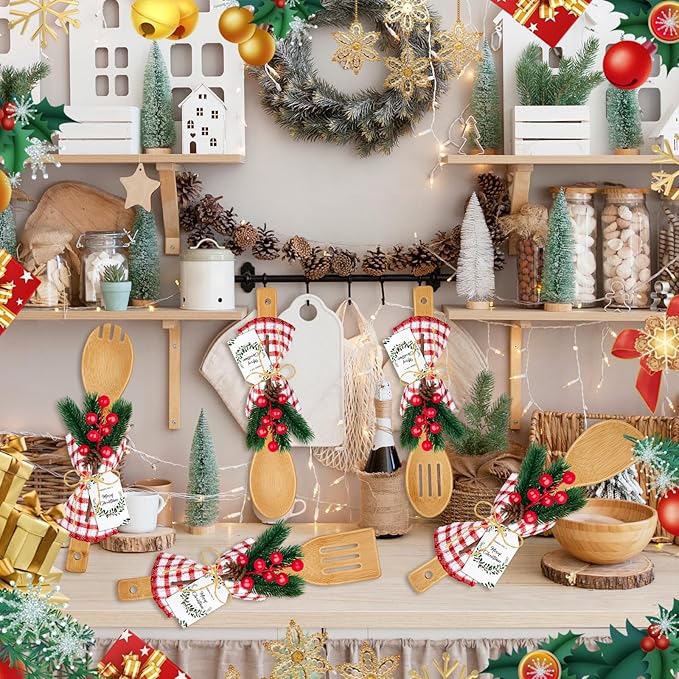6 Set Christmas Gifts Kitchen Utensils Set with Holder Spatulas Bamboo Spoons Tag for Christmas Holiday Gift Kitchen Utensils Party Decoration