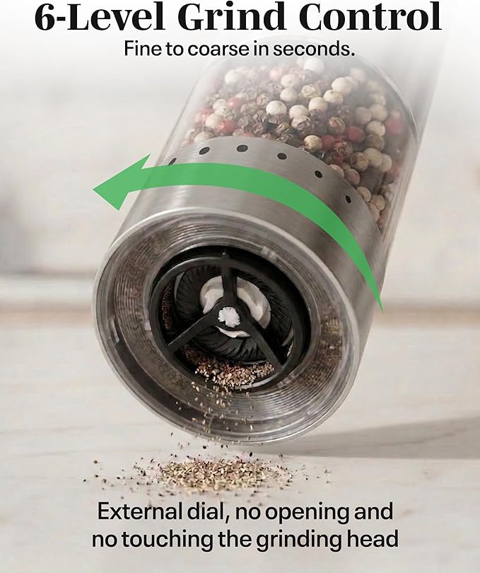 Electric Salt and Pepper Grinder Set - Silver 2 Pack Battery Operated Mills with 95ml Large Capacity, Adjustable Coarseness, Built-in LED Light, Automatic Salt & Pepper Shakers for Kitchen