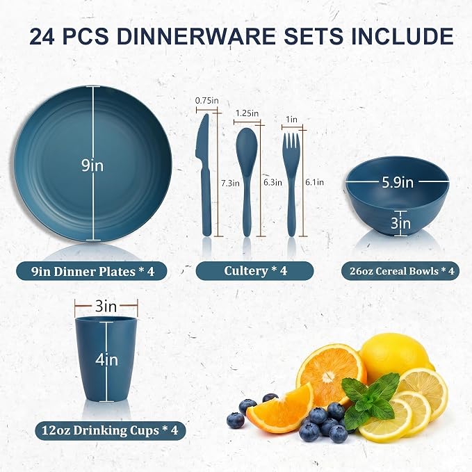 Wheat Straw Dinnerware Sets 24 Piece, Unbreakable Plates and Bowls Sets for 4, Reusable Plastic Dishes Set, Microwave and Dishwahser Safe Kitchen Set, Apartment and Kitchen Essentials - Blue