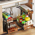 Under Sink Organizer 2 Pack, 2 Tier Pull Out Cabinet Storage Drawer with Wooden Handle, Height Adjustable Sliding Shelf with Suction Cups, Heavy Duty for Kitchen Bathroom Pantry Closet