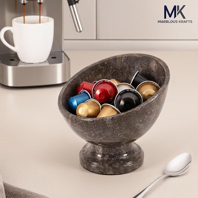 Marblous Krafts Oceanic Marble K Cup Holder for Counter 7 Inch Handcrafted Stone Keurig Pod Holder, Coffee Pods Basket, Coffee Container Bowl, Kitchen Coffee Bar Accessories
