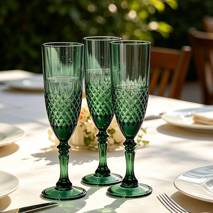 Plastic Champagne Flutes, Champagne Glasses Bulk, Reusable Unbreakable Acrylic Wine Glasses Goblets for Weddings Bachelor Parties Toasting Bridal Shower (24, Dark Green)