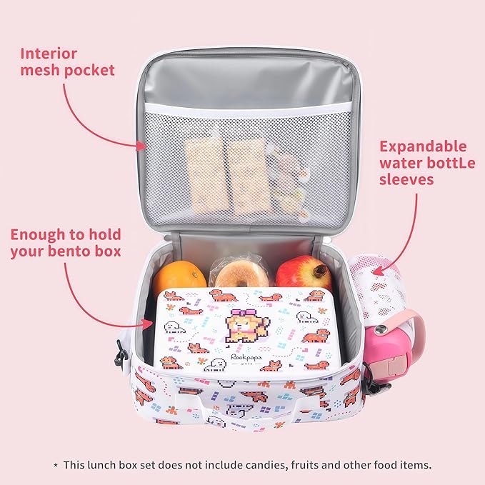 rockpapa Kids Lunch Box Set with 14oz Insulated Water Bottle & Lunch Bag, Leakproof 5.5 Cups Bento Box for School & Children, BPA-Free, Microwave Safe for Boys Girls (White Pets)