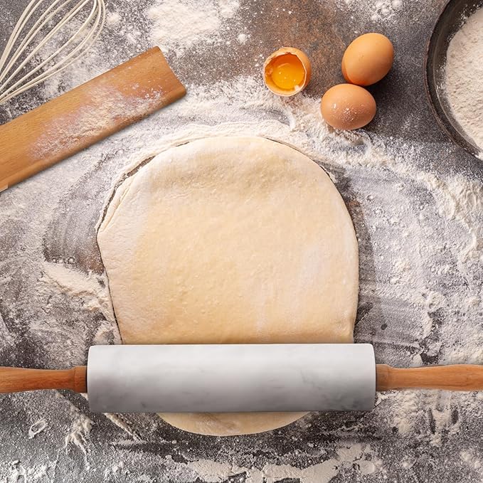 Marble Rolling Pin With Stand, 18.1-Inch Polished Non-Stick Stone Dough Roller With Wooden Handles for Baking Pasta, Pizza, Cookies, Pie Crust, Kitchen Pastry Tools (1, Light Grey, 18.1)