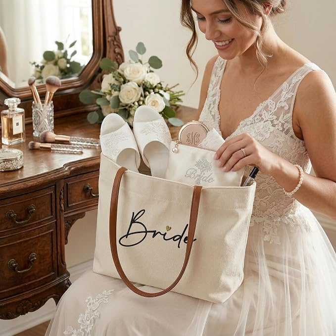 Bride Tote Bag, Embroidered Canvas Wedding Essential Tote, Bridal Shower Engagement Bachelorette Beach Bag