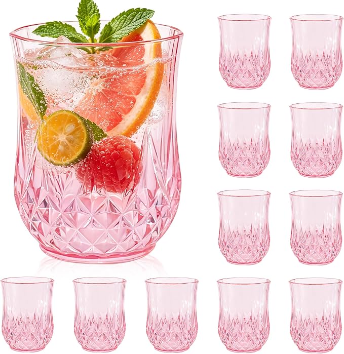 12 Pack Plastic Stemless Wine Glasses,12oz Unbreakable Vintage Elegant Drinking Glass Set,Reusable Fancy Cocktail Cups for Party, Wedding, and Bulk Events (12, 12oz-Pink)