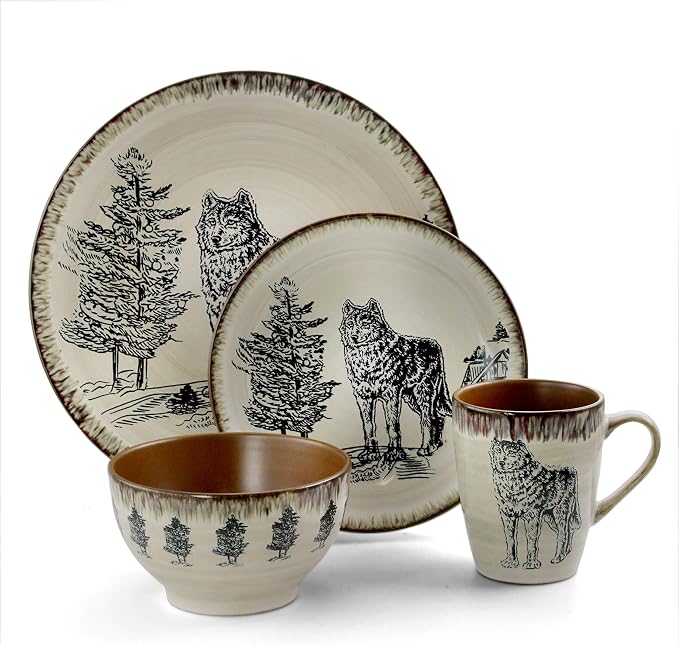 Elama Majestic Wolf 16 Piece Round Stoneware Dinnerware Set in Taupe