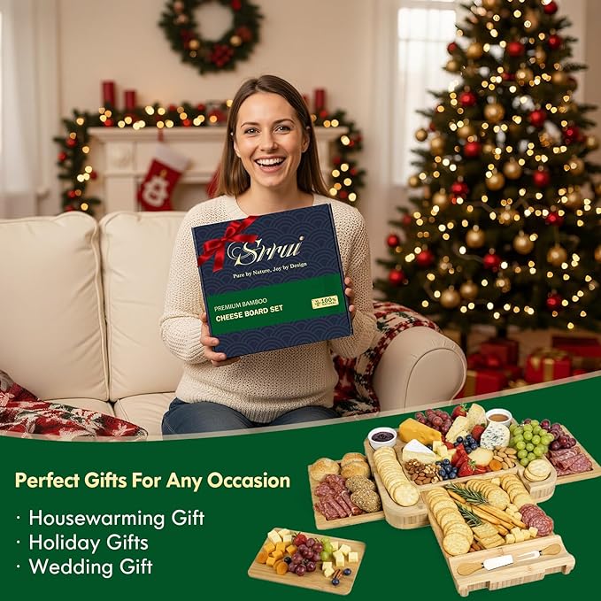 Charcuterie Board with Lid Gift Set - Cheese Bamboo Tray with Utensils, 2 Sauce Bowls,Fruit Tray and Food-Grade Seal Included - Portable with Handle for Travel, Parties, Kitchen Gifts for Women