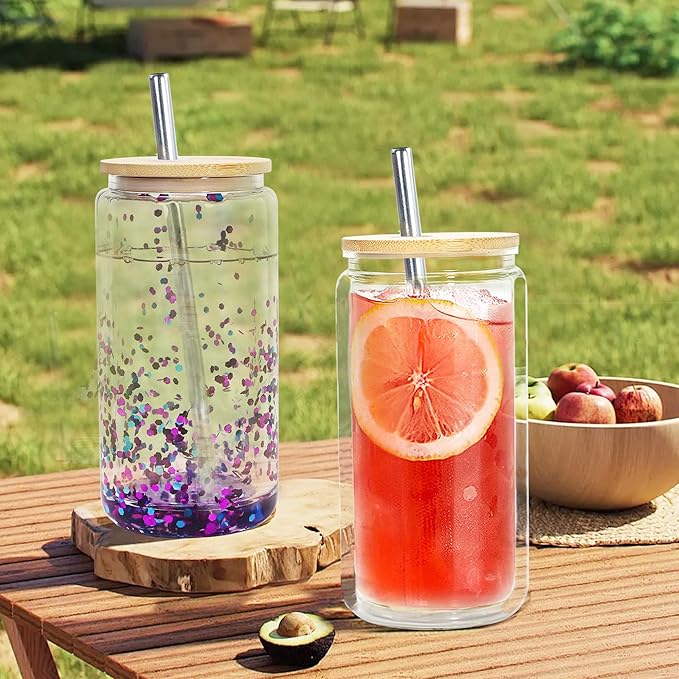 16 oz Acrylic Snow Globe Tumbler Snow Globe Cups Double Wall Snowglobe Tumbler with Pre Drilled Hole Clear Plastic Cups with Bamboo Lids and Straws for Iced Coffee Boba Juice Soda 6 Pack