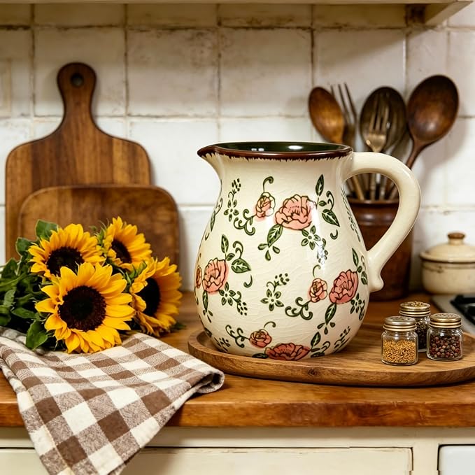 Ceramic Utensil Holder for Kitchen Counter, 6.1 Inch Modern Farmhouse Rustic Cooking Utensil Holder for Countertop Home Decor, Vintage Utensil Organizer Crock for Cooking & Spoon Tools (Red Rose)