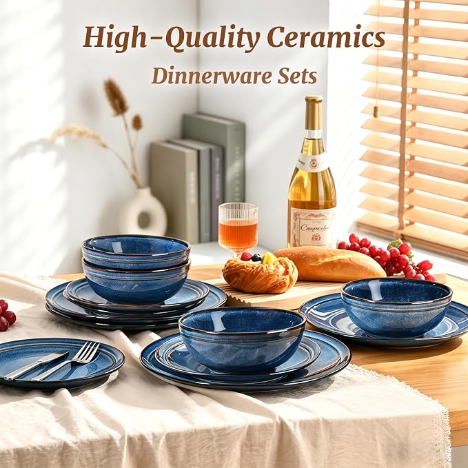 Plates and Bowls Sets 12 Pieces, Blue Reactive Glaze Dinnerware Set | Ceylon Blue Reactive Glaze Stoneware Dishes Service for 4, Handmade Dinnerware Scratch Resistant, Dishwasher Microwave Safe