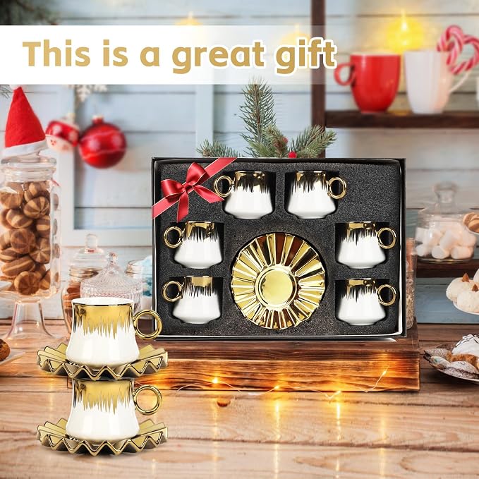 3.5oz Ceramic Espresso Cups Set of 6, Small Stackable Coffee Cups with Saucers, Ottoman-Style Turkish Coffee Cup Set for Tea, Espresso, Latte, Coffee, Cafe Mocha, Black Gift Box with Window(White)