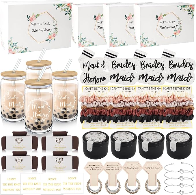 40Pcs Bridesmaid Proposal Box Gifts Set of 4 Will You Be My Maid of Honor Proposal Gifts Set Rectangular Hair Clips Soft Socks Scented Candle Bridesmaid Scrunchies Spiral Hair Ties Bridal Shower
