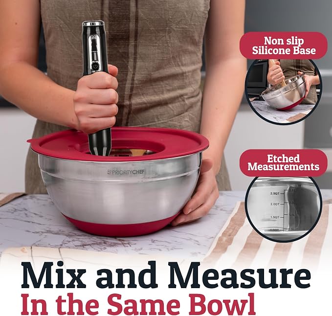 Priority Chef 6pc Stainless Steel Mixing Bowls with Lids Set, 7 Qt, Red | 6pc Non-slip nesting bowls 1-7 qt, 3 graters & interior measurement marks; for meal prep, baking & airtight fridge storage