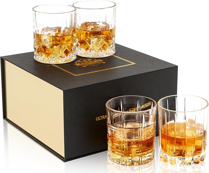 KANARS Old Fashioned Whiskey Glasses - 3 Designs Bourbon Glass 10 oz with Luxury Box - Ultra Clear Crystal Rocks Barware for Scotch, Irish Whisky, Rum and Cocktail, Men Gift for Father's Day