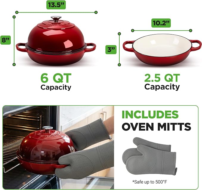 NutriChef 10.2" Enameled Cast Iron Bread Oven, Dome-Shaped Sourdough Baking Pan with Handles & Silicone Gloves, Oven-Safe to 500°F, Dishwasher Safe Dutch Oven Bread Pan (Red)