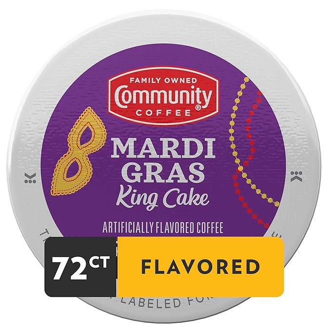 Community Coffee Mardi Gras King Cake Flavored 72 Count Coffee Pods, Medium Roast, Compatible with Keurig 2.0 K-Cup Brewers 72 Count (Pack of 6)