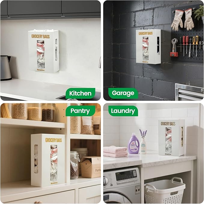 Libreshine Extra Large White Bamboo Grocery Bag Holder for Plastic Bags, Under Sink Cabinet or Wall Mounted Organizer, Space-Saving Bag Dispenser for Kitchen, Pantry, Laundry Room, Garage