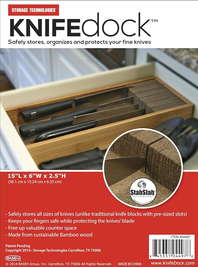 KNIFEdock Bamboo Knife Organizer for Kitchen Drawers – 15” In-Drawer Knife Block with Cork Composite – Space-Saving, Safe Storage for Your Knives