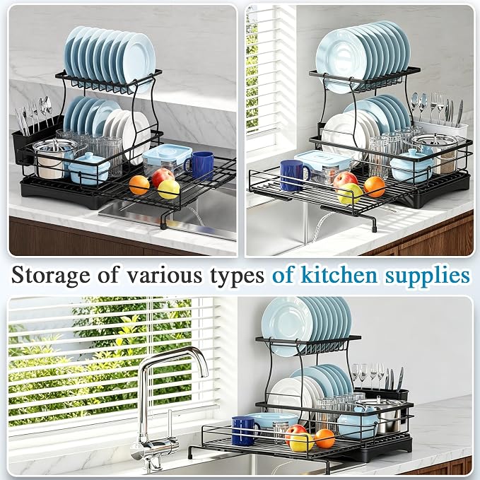 2 Tier Dish Drying Rack, Large Extendable Dish Racks for Kitchen Counter , Dishrack with Drainboard, 2-in-1 Anti-Rust Stainless Steel Dish Drainer with Utensil Holder (Black, double of Dish Rack)