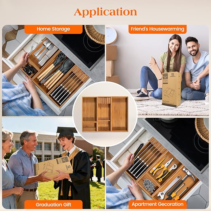 Piklohas Carbonized Bamboo Kitchen Silverwar Drawer Organizer,14.2 inch Length Natural Utensil Flatware Organizers Tray Storage for Spoons Forks & Knives