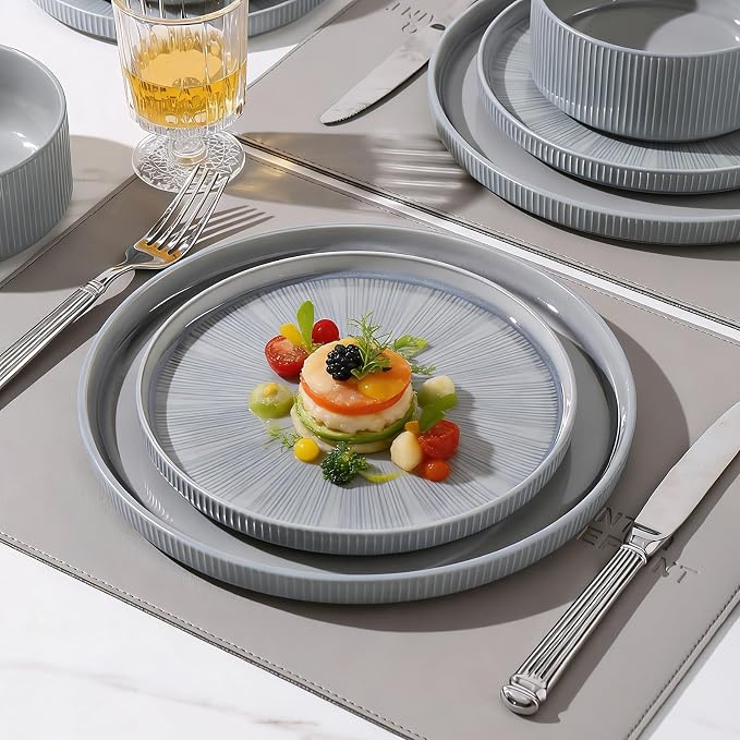 Dinnerware Sets, Ceramic Plates and Bowls Set 18 Piece Dinnerware for 6 Chip Resistant Stoneware with Advanced Inkjet Printing Technology, Dishwasher and Microwave Safe-Smoky Blue
