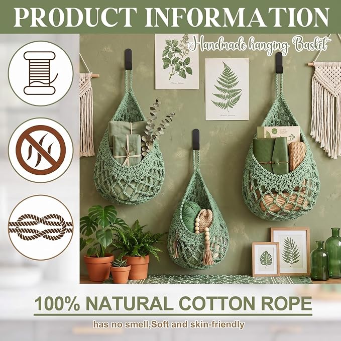 Honeydak Boho Decor Hanging Wall Baskets for Kitchen 3 Pack Teardrop Baskets with Hooks Storage Fruit Onion Vegetable Potato for Home 3 Sizes(Sage Green,Crochet,Cotton Rope)