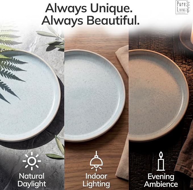 12 Piece Stoneware Dinnerware Set for 4 - Handmade Reactive Glaze Plates and Bowls Set - Chip & Scratch Resistant Dish Set - Dishwasher Microwave Safe - Light Beige & Blue