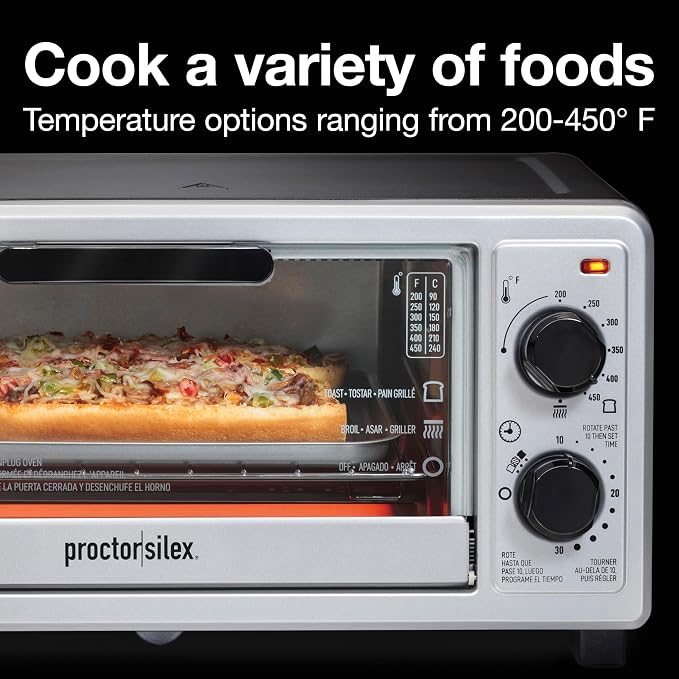 Proctor Silex 4 Slice Countertop Toaster Oven | Bake, Broil, Toast | 200-450⁰F Adjustable Temp | 30 Minute Timer | Automatic Shutoff | Black and Silver | 31260G