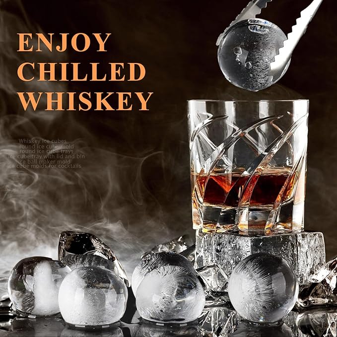 Whiskey Ice Cubes Mold,2 x 8 PCS x 1.8 inch Whiskey Ice Cubes,Circle Ice Cube Tray with Lid and Bin,Sphere Ice Ball Maker Mold,Round Ice Cube Mold for Cocktails,Whiskey