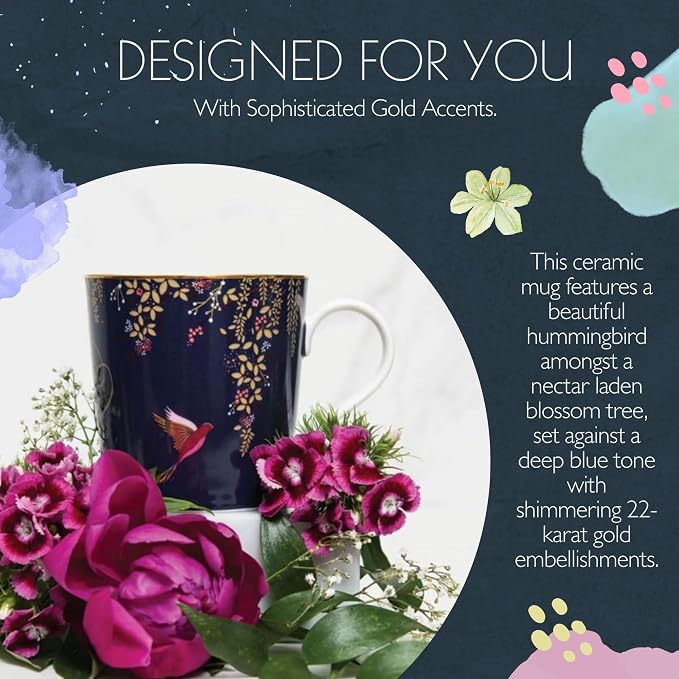 Portmeirion Sara Miller London Chelsea Mug, Navy | 12 Oz Cup for Drinking Tea, Coffee, and Hot Cocoa | Made from Fine China with Gold Detail | Handwash Only