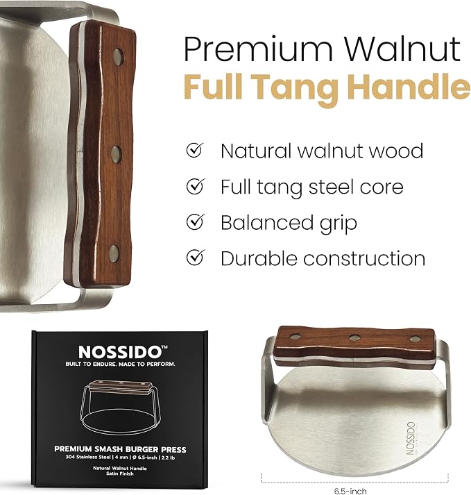 Heavy-Duty Smash Burger Press, 304 Stainless Steel, 6.5 Inch Diameter, 4mm Thick - Round Smasher for Flat Top Griddle & Cast Iron, Natural Walnut Handle, Satin Finish - Griddle Accessories