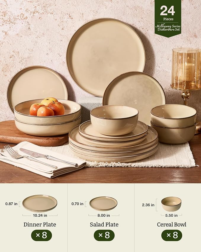 Famiware Milkyway Stoneware Dinnerware Set, 24-Piece, Double Reactive Glaze, Plates and Bowls, Service for 8, Microwave and Dishwasher Safe, Scratch-Resistant, Milk Tea