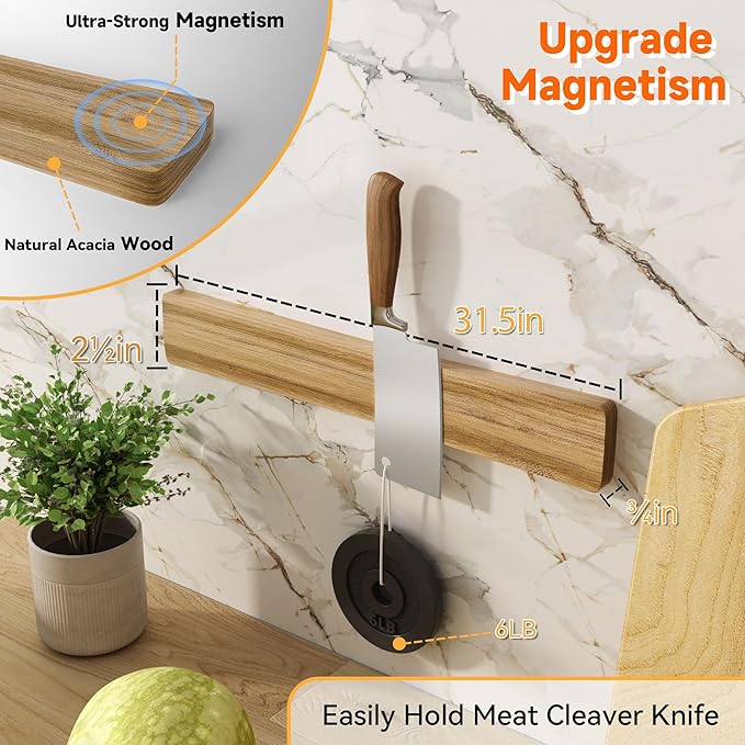 Magnetic Knife Holder for Wall, Acacia Wood Knife Magnetic Strip No Drill Knife Magnet Storage Bar Magnetic Tool Key Holder Strip for Kitchen Utensil Organizer (Light Brown, 24 Inch)