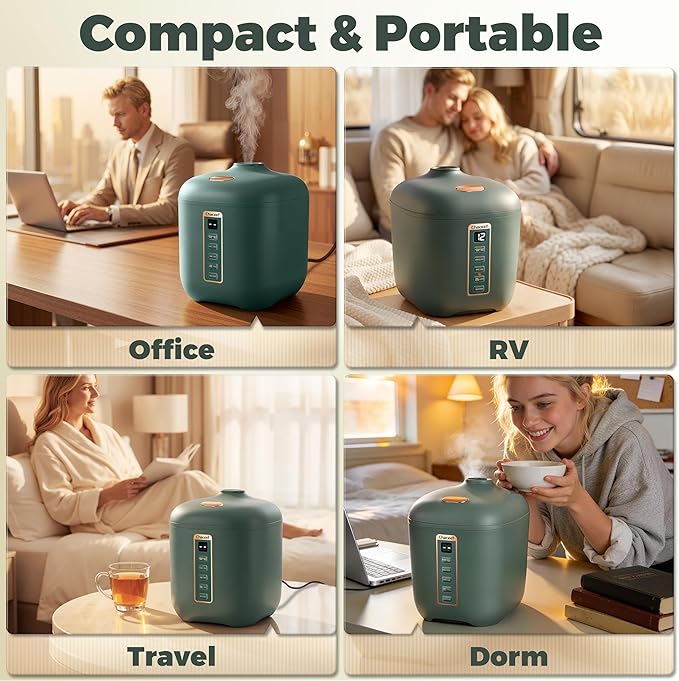 CHACEEF Mini Rice Cooker 2 Cups Uncooked, 1.2L Rice Cooker Small, Portable Non-Stick Small Travel Rice Maker, BPA Free, Smart Control Multifunction Cooker with 24 Hours Timer Delay & Keep Warm Function, Green