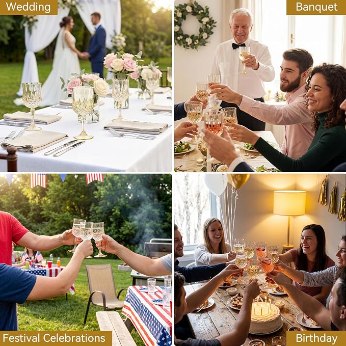 Sliner 48 Pcs 7oz Plastic Vintage Wine Glasses Drinking Goblets Unbreakable Crystal Water Glassware Reusable Diamond Champagne Flutes Cups for Wedding Banquet Birthday Party Supplies (Gold Glitter)