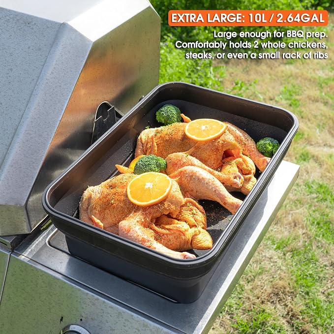 Silicone Collapsible Marinating Container with Lid for Meat, 2.64Gal/10L, Extra Large Collapsible BBQ Prep Tub, Transparent Locking Lid, XL Grill Prep Trays and Carry System, BBQ Must-Have, Black