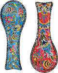 BCS Spoon Rest Set of 2 - Ceramic Spoon Holder for Stovetop & Kitchen Counter - Dishwasher Safe Handmade Kitchen Utensil (Blue-Red 3.5” W x 9" L)
