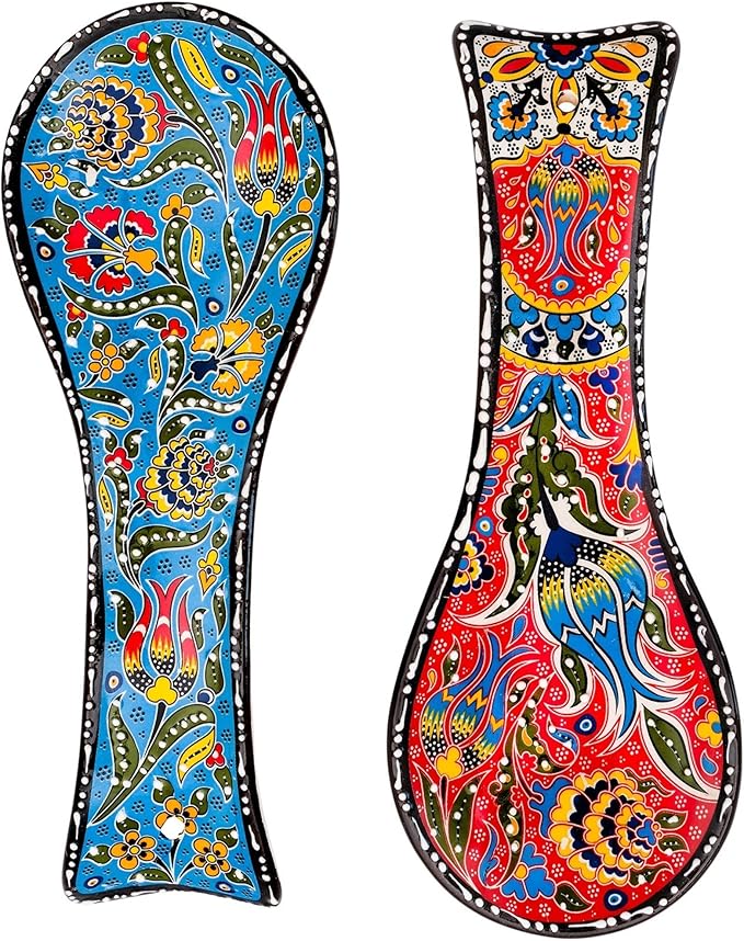BCS Spoon Rest Set of 2 - Ceramic Spoon Holder for Stovetop & Kitchen Counter - Dishwasher Safe Handmade Kitchen Utensil (Blue-Red 3.5” W x 9" L)