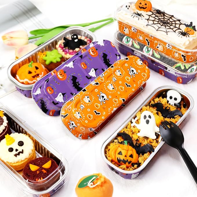 50Pack Halloween Mini Cake Pans Disposable Mini Loaf Pans with Lids and Spoons, 6.8Oz Aluminum Foil Pans Tins, Individual Dessert Cups Containers for Sales,Party,Picnics