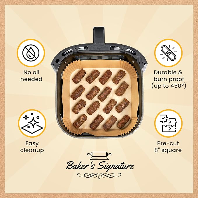 250 pcs Air Fryer Liners, Disposable Airfryer Paper Liners – Non-Stick and Oil Proof for Easy Cleanup, Great for Oven, Pans & Baking – 8” Square for 5-8 qt Basket by Baker's Signature