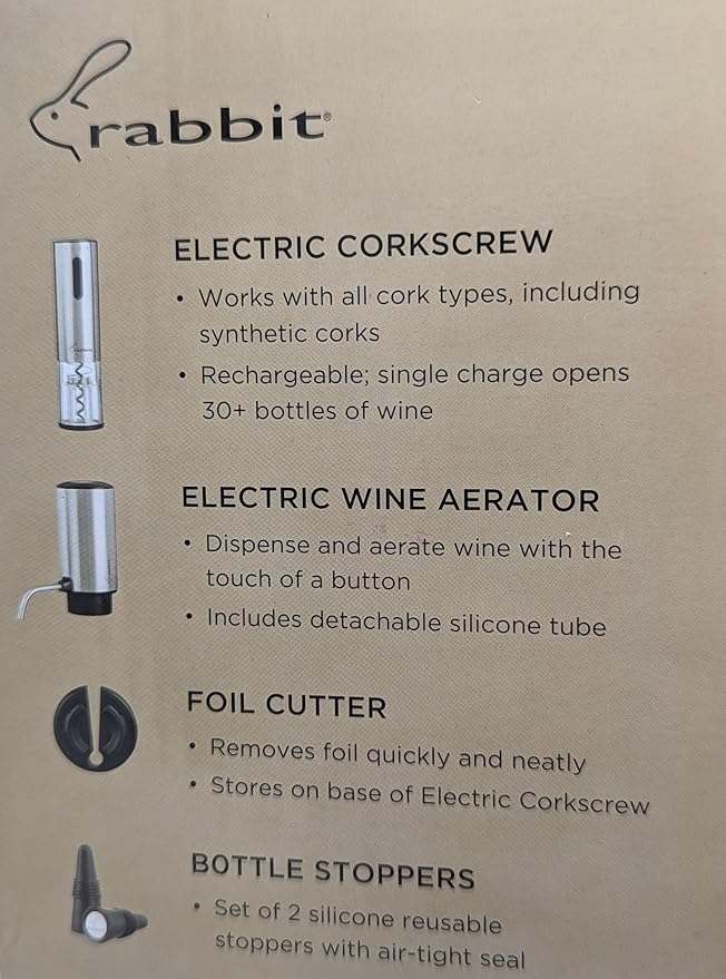 Rabbit Electric Wine Tool Set - 5-Piece Wine Accessory Collection - Aerator, Corkscrew, Cutter, Stoppers, Charging Cables