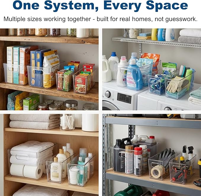 MOONEDGE 8 Pack Modular Clear Plastic Storage Organizer Bins – 4 Large & 4 Narrow, Nestable Space-Saving System for Pantry, Kitchen, Fridge, Bathroom & Cabinet Organization - Versatile & Easy to Use
