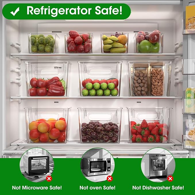 8 Pack Clear Plastic Storage Bins with Handles, 4 Large & 4 Small Stackable Organizer Bins for Fridge, Pantry, Kitchen, Non-Slip Bottom Transparent Storage Containers