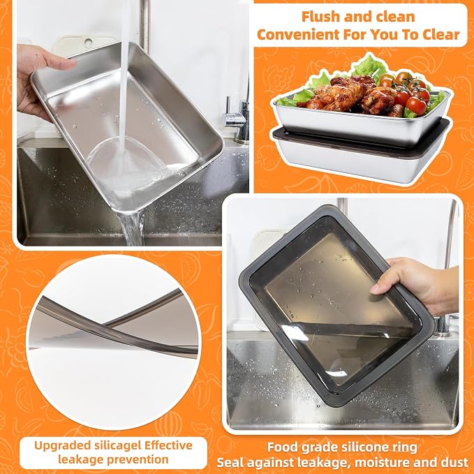 6 PCS Stainless Steel Food Storage Containers with lids,2.16 Inch Deep, 8x10 Inch Stainless Steel Oven plate, Metal Roasting Pan for Meal Prep、Meat, Rustproof & Heavy, Freezer & Dishwasher Safe