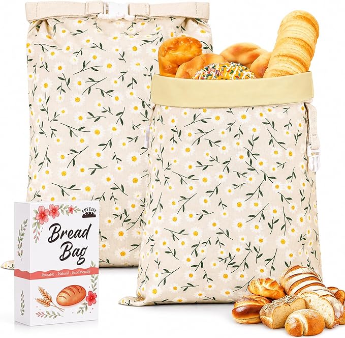 Beeswax Bread Bags for Sourdough, 2 Pack Reusable Bread Bag for Storage XL 17x13 Inch, Daisy Print Bread Bags for Homemade Sourdough - Keep Fresh, Freezer Safe