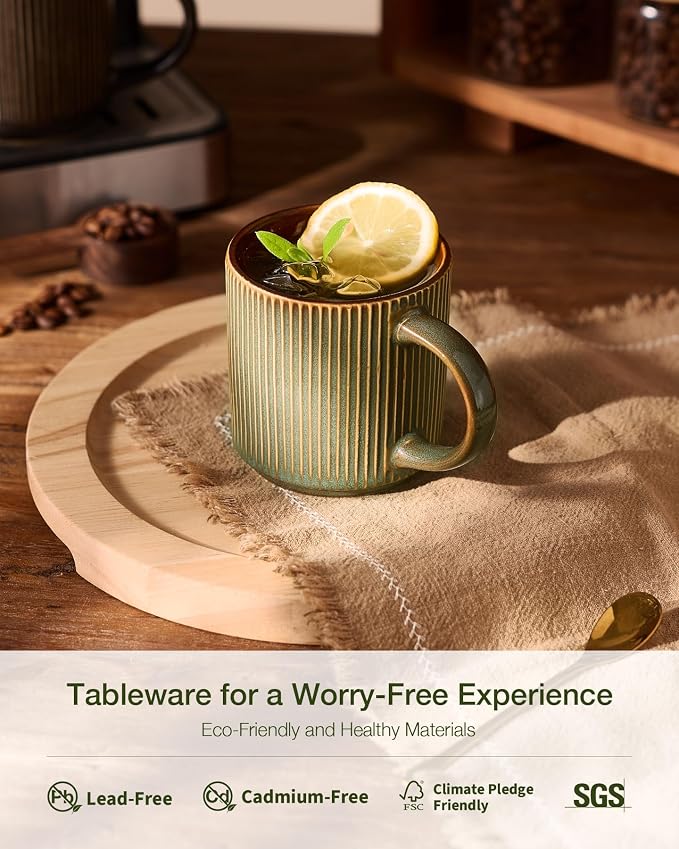 famiware Coffee Mug Set for 6, Star 12 oz Catering Mugs Cup Set with Handle for Coffee, Tea, Cocoa, Milk - Ceramic Stoneware Drinkware Set, Moss Cocoa